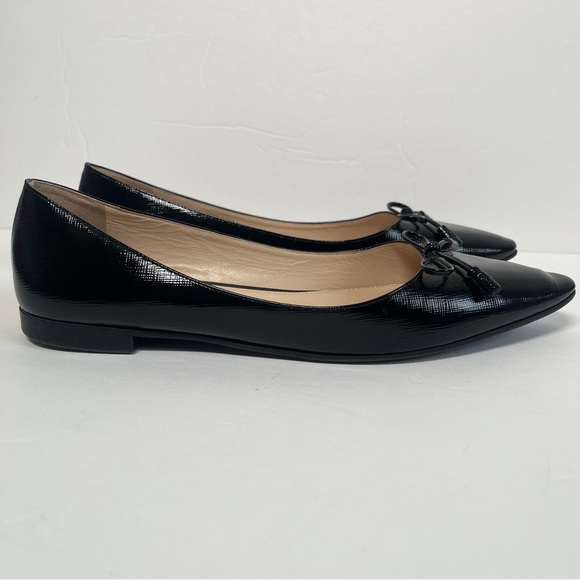 Prada Saffiano Leather Bow Logo Black Pointed Toe Flats - Picture 6 of 14